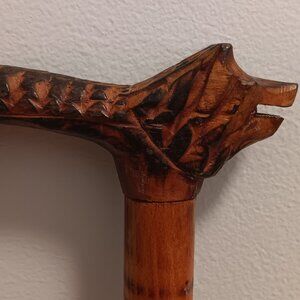 Vintage Handmade Wooden Walking Stick: Carved Wolf Head Handle - 33.5"